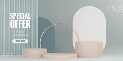 3D podium scene with reeded translucent glass. Elegant product platforms with geometric elements on a green background for promotion and sales. Realistic illustration in grounding hues vector
