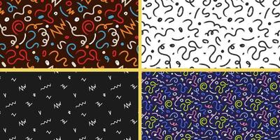 Hand drawn marker scribbles seamless patterns set. Collection of textured black-white and colored backgrounds. Doodle squiggles ornament vector