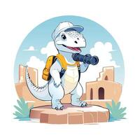 a dinosaur on a hat and backpack with binoculars exploring d jungle and ancient ruins vector