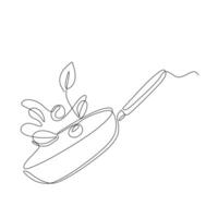 continuous line drawing of a frying pan with a vegetable on it. Kitchen appliances and cooking concept illustration vector