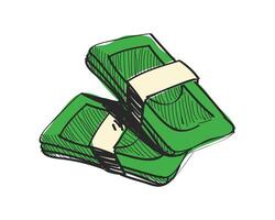 An artistic depiction of two stacks of green currency. The top stack is slightly offset, creating a cross shape with the bottom stack. Ideal for finance and banking vector