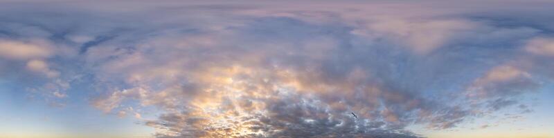 Dark blue sunset sky panorama with pink Cumulus clouds. Seamless hdr 360 panorama in spherical equirectangular format. Full zenith for 3D visualization, sky replacement for aerial drone panoramas. photo