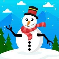 cartoon snowman in hat and scarf with snow and trees vector