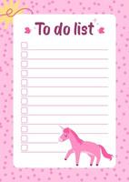 Adorable daily to do list template with pink unicorn. Stock illustration in flat cartoon style. vector