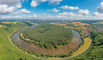 Aerial panoramic view of the river Main loop in Germany with village Urphar photo