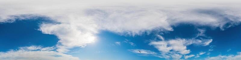 Blue sky panorama with Cirrus clouds. Seamless hdr 360 degree pano in spherical equirectangular format. Sky dome or zenith for 3D visualization, game and sky replacement for aerial drone 360 panoramas photo
