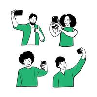 Four people taking selfies using their smartphone. Young people using mobile phone to take a picture of themselves. vector