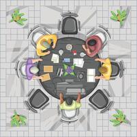 Brainstorming and teamwork as a group, view from above. Round table business meeting discussion of the project. Office plan in top view vector