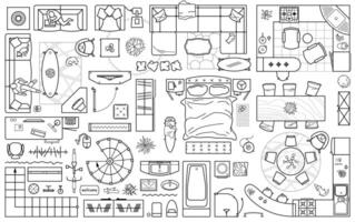 Floor plan icons set for design interior and architectural project view from above. Furniture thin line icon in top view for layout vector