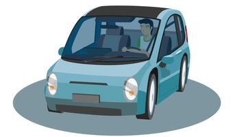 or Illustrator of isometric view of blue car. Glass transparent can view inside car. Driving man alone go to travel. On isolated white background for textured. vector
