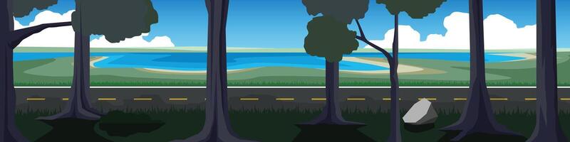 Horizontal view of empty asphalt road. Frontground of trees on the road. Vast coastal lands and river reservoir with distant lands. Under blue sky and white clouds. vector