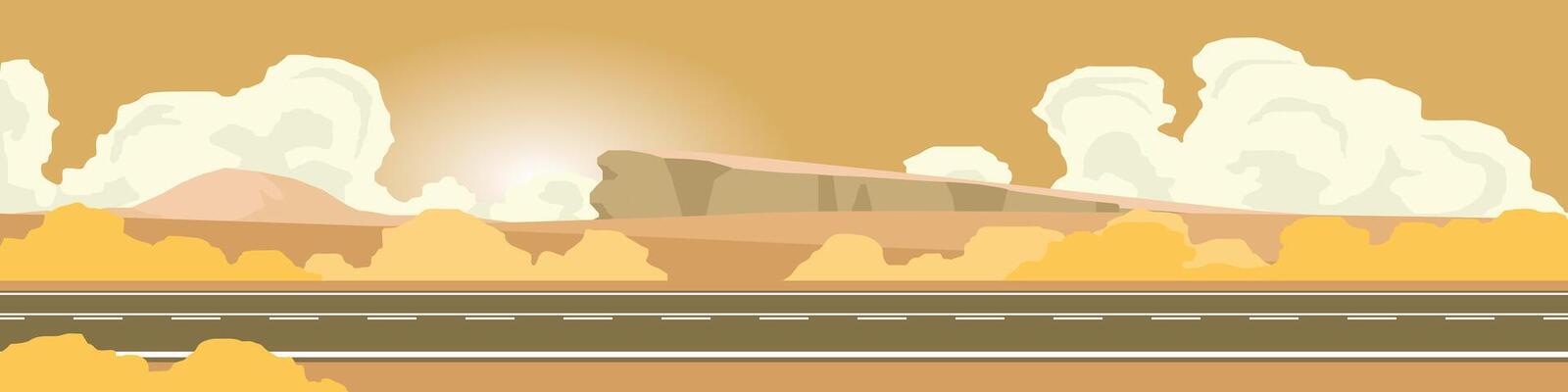 Horizontal view of empty of asphalt road. meadow with grass and hills with mountain. Under the clouds and orange sky in evening time.