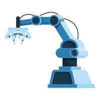 Blue robotic arm picking up object using artificial intelligence vector