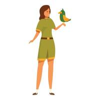 Female zoo keeper holding parrot on hand smiling in uniform vector