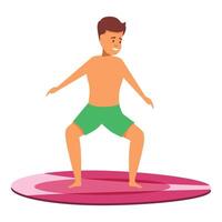 Young happy surfer balancing on surfboard practicing surfing posture vector