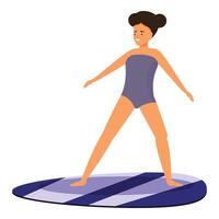 Young woman balancing on surfboard, practicing surfing poses vector