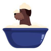 Brown dog taking a bath with foam in a blue basin vector
