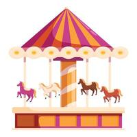 Colorful merry go round with horses turning on platform with striped awning vector