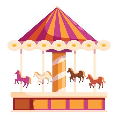 Colorful merry go round with horses turning on platform with striped awning