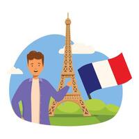 Young man presenting the eiffel tower and holding a french flag vector