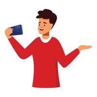 Young man taking selfie or recording video with smartphone and presenting something with hand gesture vector