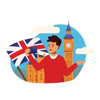 Happy tourist taking selfie with union jack flag and big ben in london vector