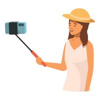 Young woman taking selfie with monopod and smartphone smiling at camera vector