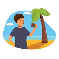 Young man taking photos of palm tree on beach using smartphone vector
