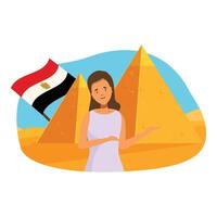 Tour guide presenting egyptian pyramids holding national flag vector