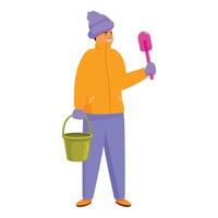 Smiling boy holding shovel and bucket enjoying winter day vector