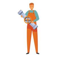 Smiling plumber holding large water pipe with valve vector