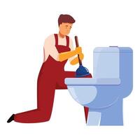 Plumber kneeling and using plunger unclogging toilet bowl vector