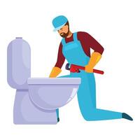 Plumber kneeling and repairing toilet bowl using pipe wrench vector
