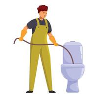 Plumber using plunger unclogging toilet in bathroom vector
