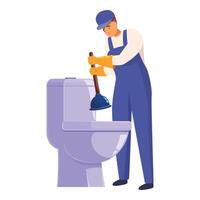 Plumber using plunger for unclogging toilet bowl vector