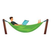 Freelancer working on laptop lying in hammock enjoying distant work and relaxing vector