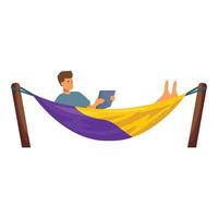 Young man relaxing in hammock using digital tablet vector