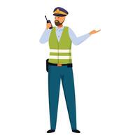 Security guard talking on walkie talkie and pointing with hand vector