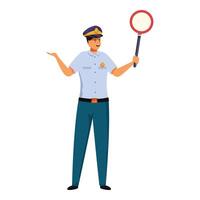 Smiling police officer holding empty sign and pointing aside vector
