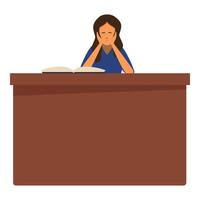 Sad and tired student girl sitting at desk, exhausted from studying vector