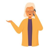Smiling senior woman talking on phone and gesturing with hand vector