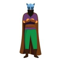 Powerful viking warrior with helmet and cape is standing with folded arms vector