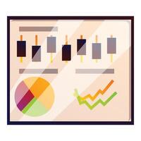 Business chart displaying market data analytics with candlestick chart, pie chart and line graph vector