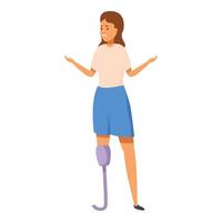 Young woman with prosthetic leg smiling and gesturing with open arms vector