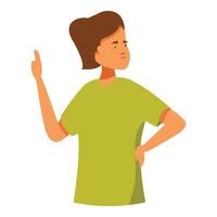 Young woman pointing finger up, thinking and looking up with concerned facial expression vector