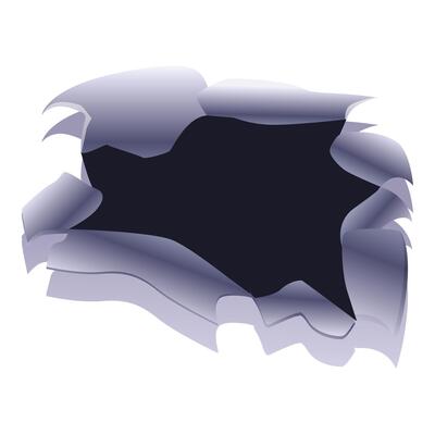 Torn metal hole with ripped edges revealing dark background