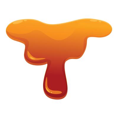 Flowing downwards caramel syrup is dripping on white background
