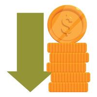Big green arrow pointing down next to stack of golden coins indicating market crash vector