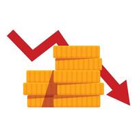 Red arrow going down over decreasing stack of coins representing economic crisis vector