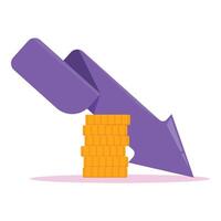Big purple arrow pointing down near stack of coins vector